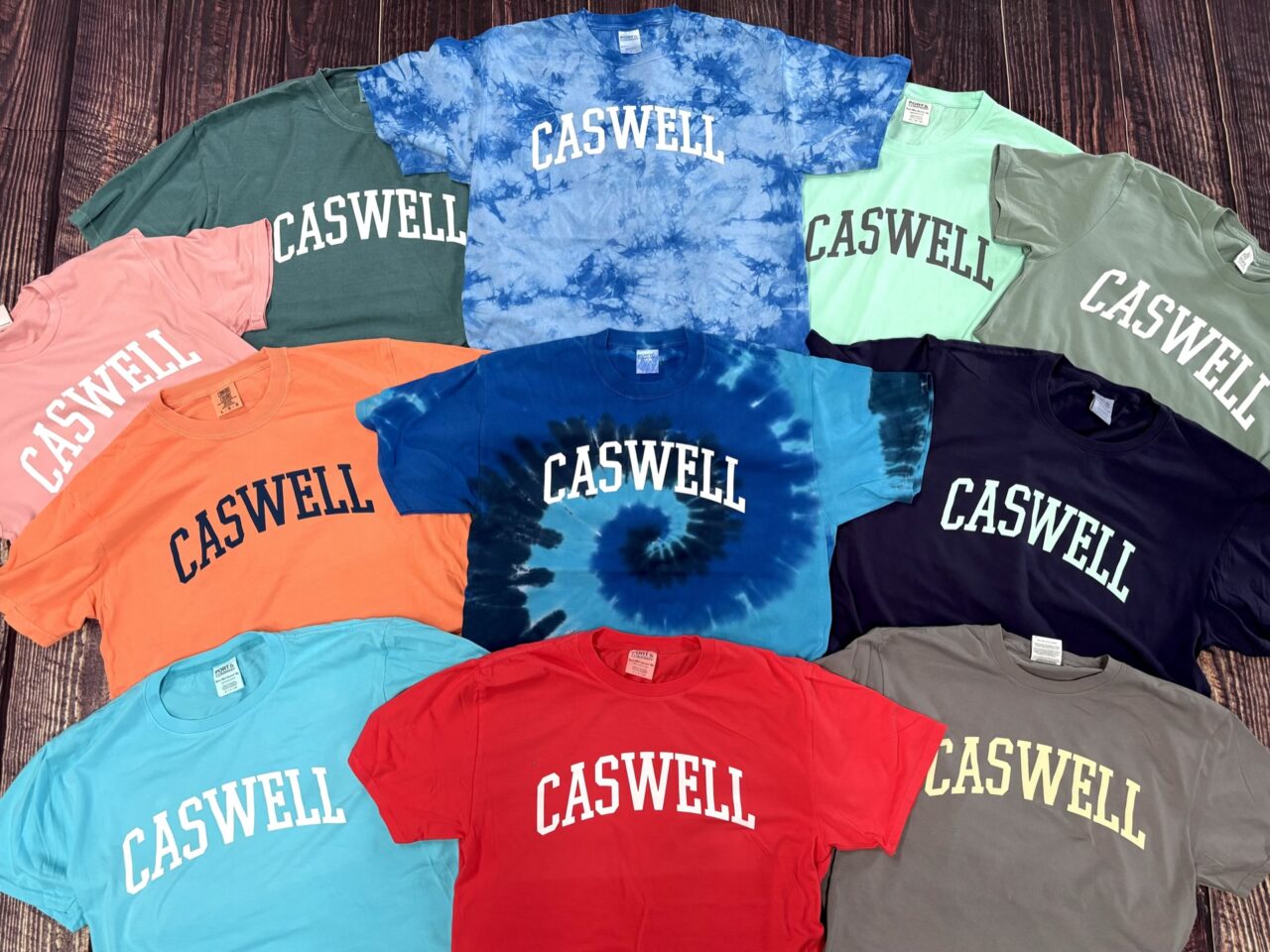 Caswell custom t-shirt order in mixed colors and tie-dye